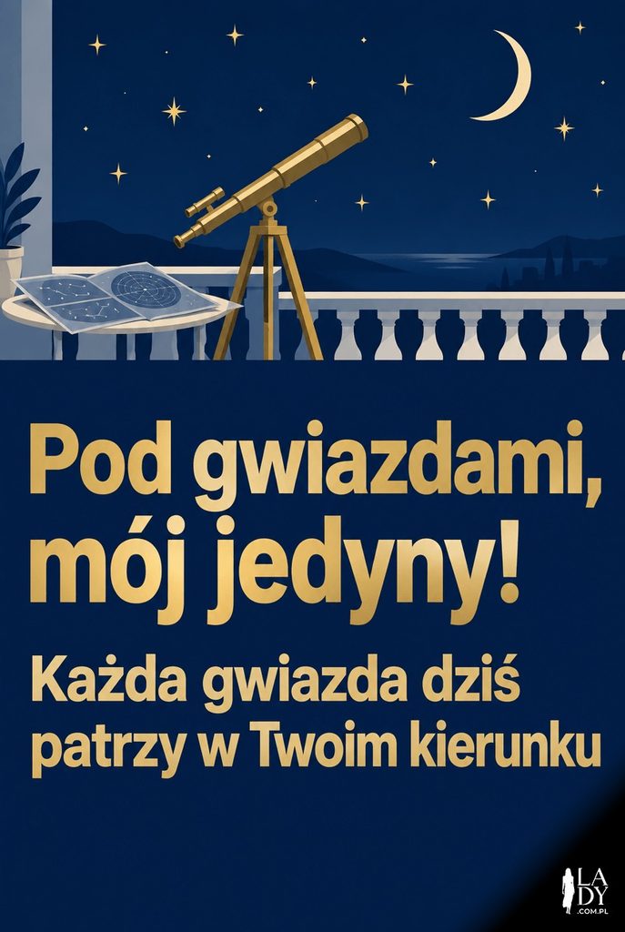 Kartka na dobranoc dla Wojtka: teleskop na balkonie skierowany na gwiazdy, życzenia „Pod gwiazdami, mój jedyny!"