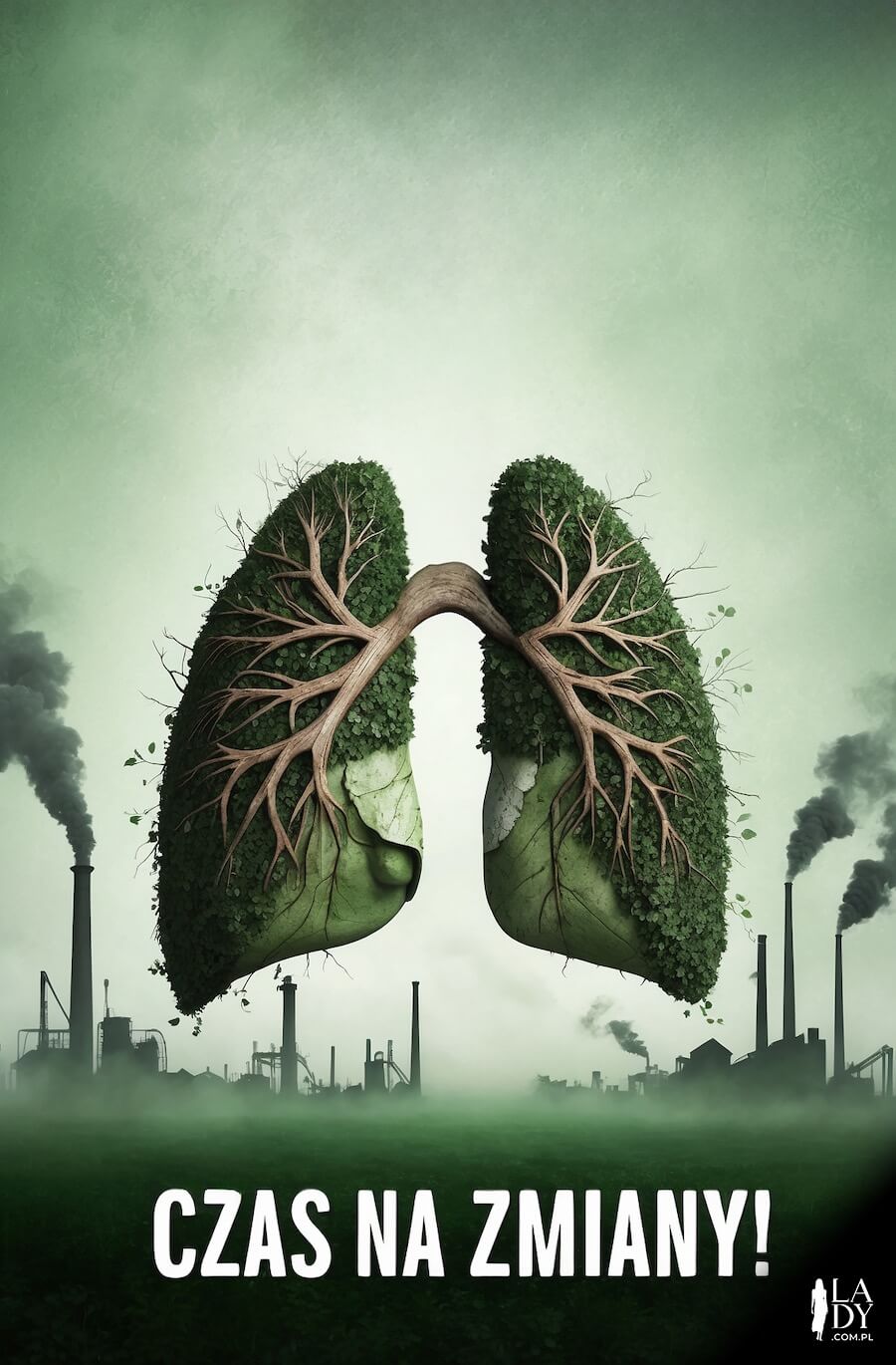 Mądra ilustracja na Dzień Ziemi, zielone płuca z drzew które niszczeją na tle zanieczyszczanego powietrza przez fabryki, z przesłaniem: Czas na zmiany