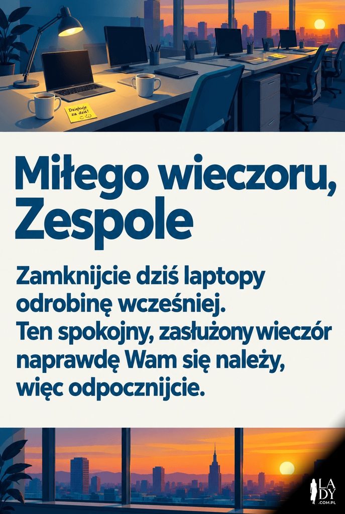 Opuszczone biurka w biurze o zachodzie słońca z jedną świecącą lampką; poziomy pas przez środek kadru z dłuższymi życzeniami spokojnego wieczoru dla zespołu.