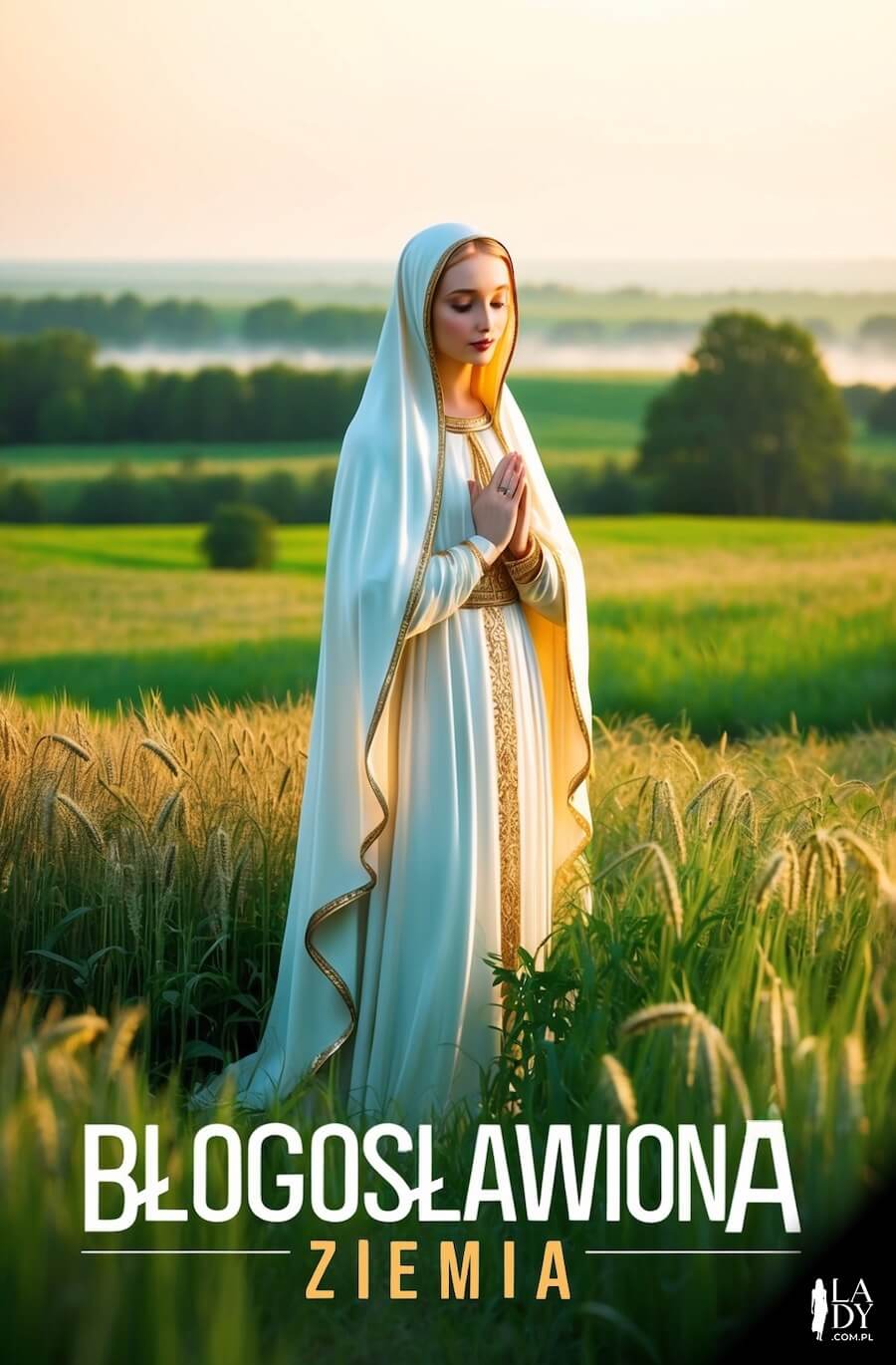 Kartka przedstawiająca Matkę Bożą w dojrzewającym zbożu wśród pól, z napisem: Błogosławiona ziemia