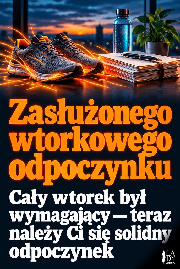 Ilustracja ze świetlnymi konturami przedstawiająca buty do biegania i stos dokumentów, z życzeniem zasłużonego wtorkowego odpoczynku.