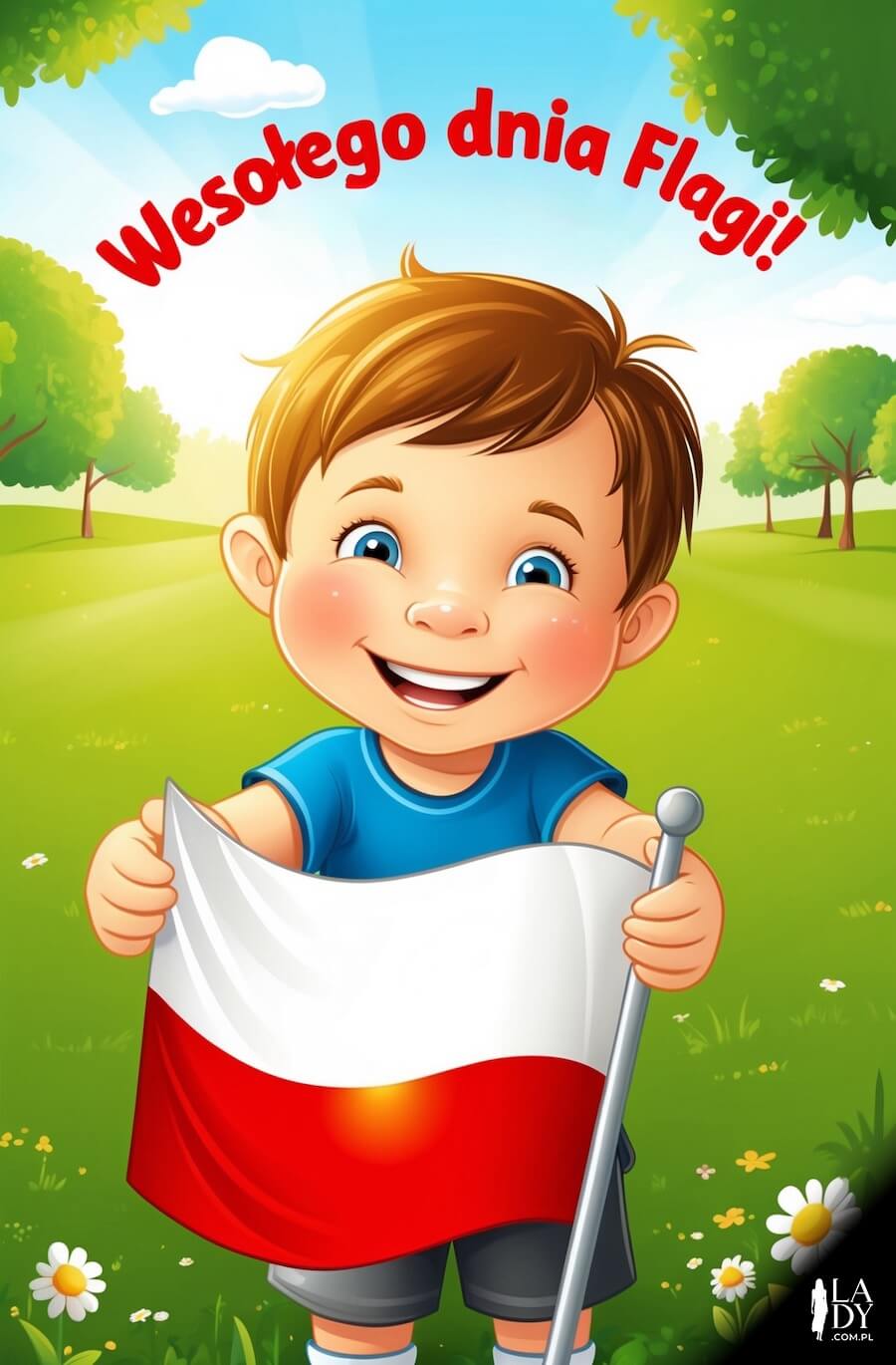 Kartka dla dzieci na 2 maja, chłopiec, mały Polak trzymający flagę w dłoniach na tle parku, z napisem: Wesołego dnia Flagi