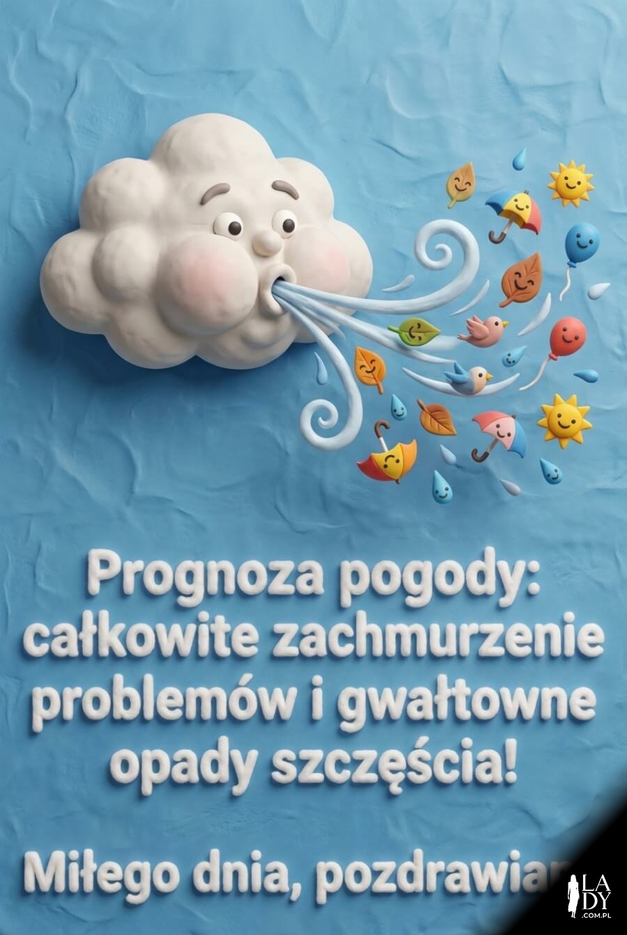 Trójwymiarowa ilustracja uroczej chmurki dmuchającej wiatrem z pozytywną prognozą pogody i życzeniami zrobionymi z waty