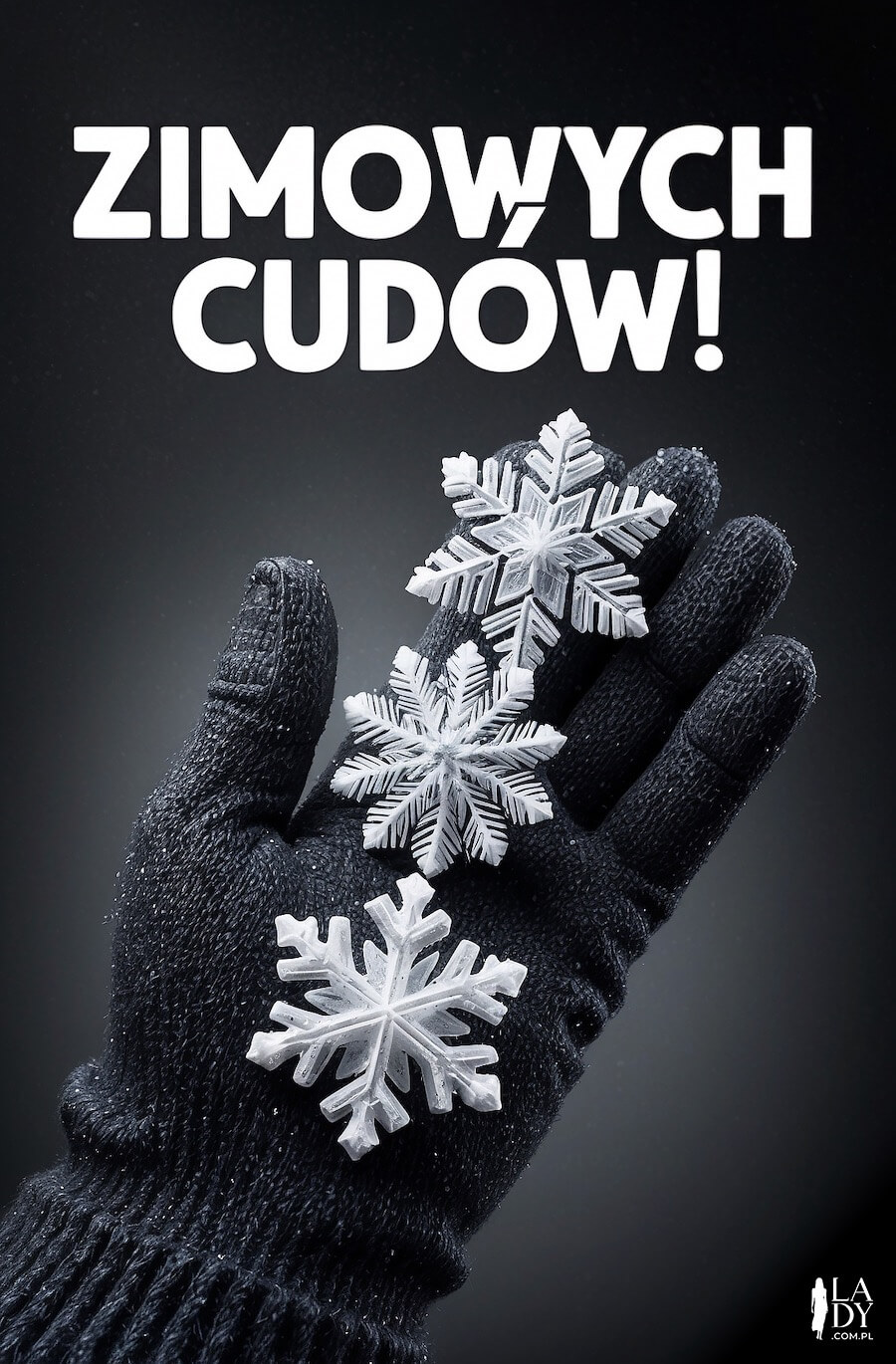 Wspaniała kartka z charakterem, czarna rękawiczka zimowa z płatkami śniegu, z napisem: Zimowych cudów
