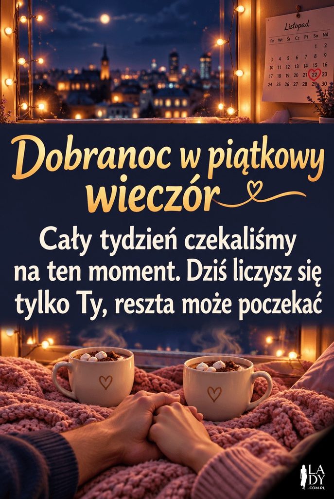 Nocna scena z dwiema filiżankami gorącej czekolady i splecionymi dłońmi pary na parapecie ozdobionym girlandą lampek, w klimacie piątkowego wieczoru.