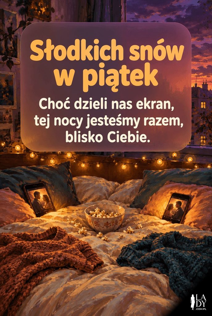 Malarska scena dwóch telefonów z tym samym filmem na ekranach, ułożonych na łóżku wśród lampek i popcornu, w klimacie wspólnego piątkowego wieczoru na odległość.