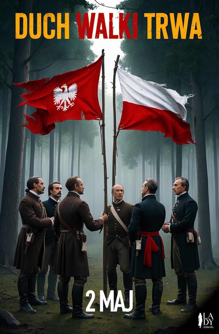 Kartka scena z powstania listopadowego, wodzowie w lesie przy flagach Polski, z napisem: Duch walki trwa, 2 maj
