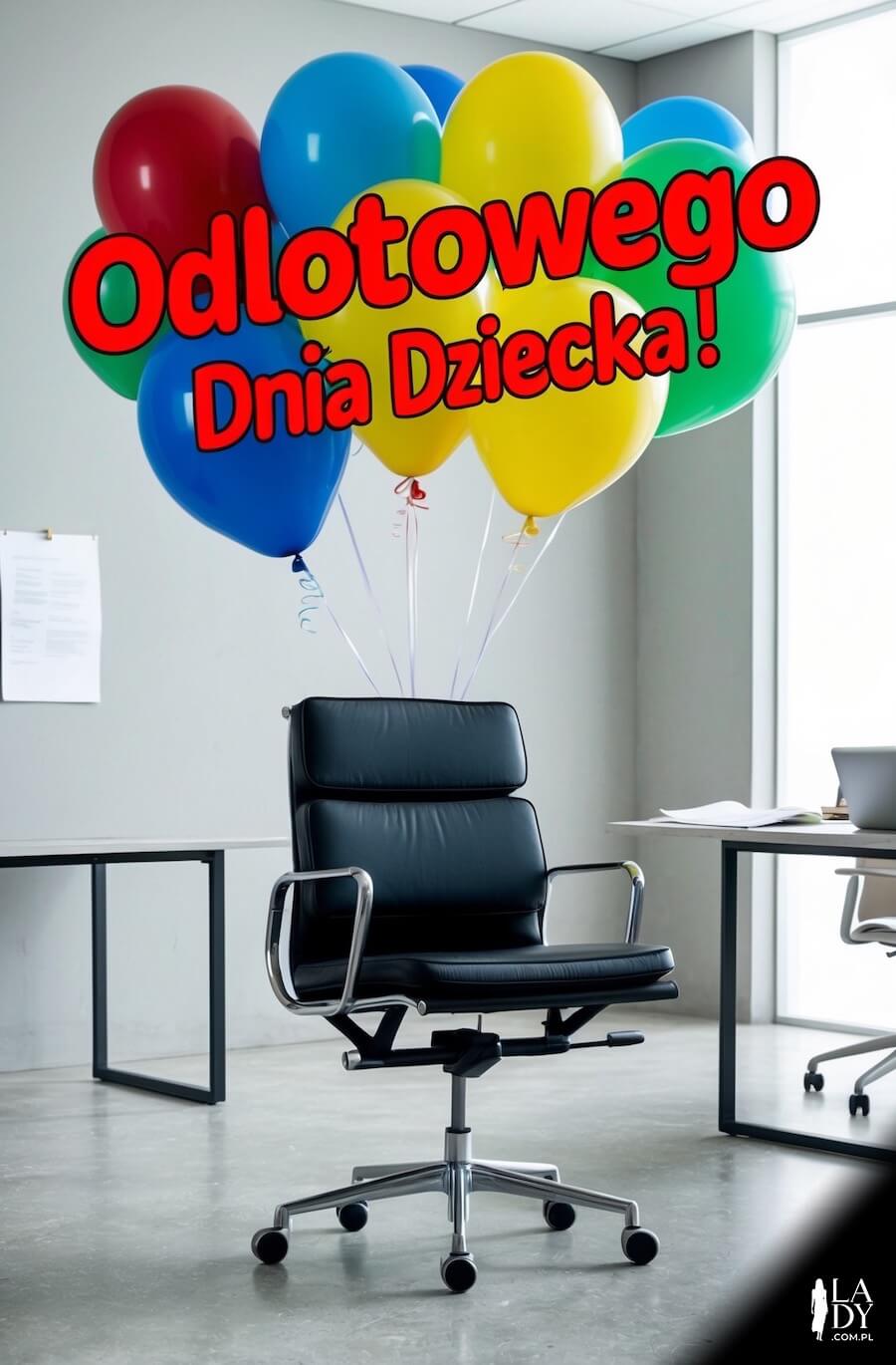 Zabawna kartka do wysłania 1 czerwca dla każdego dorosłego, balony przytwierdzone do fotela biurowego, z życzeniami: Odlotowego Dnia Dziecka
