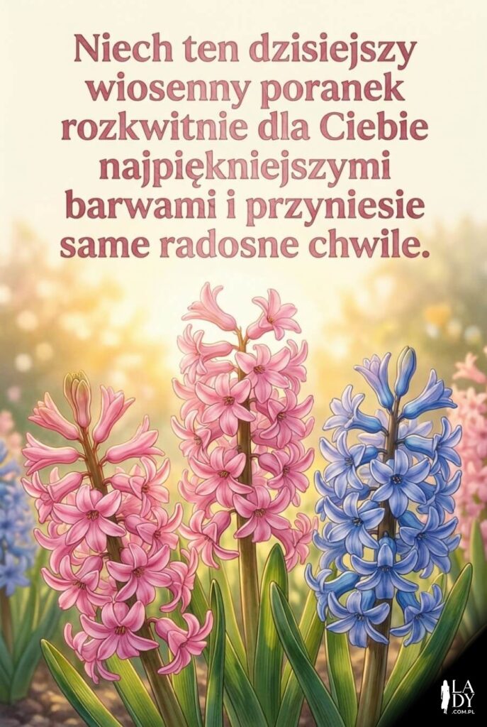Botaniczna ilustracja hiacyntów w porannym słońcu z wiosennymi życzeniami
