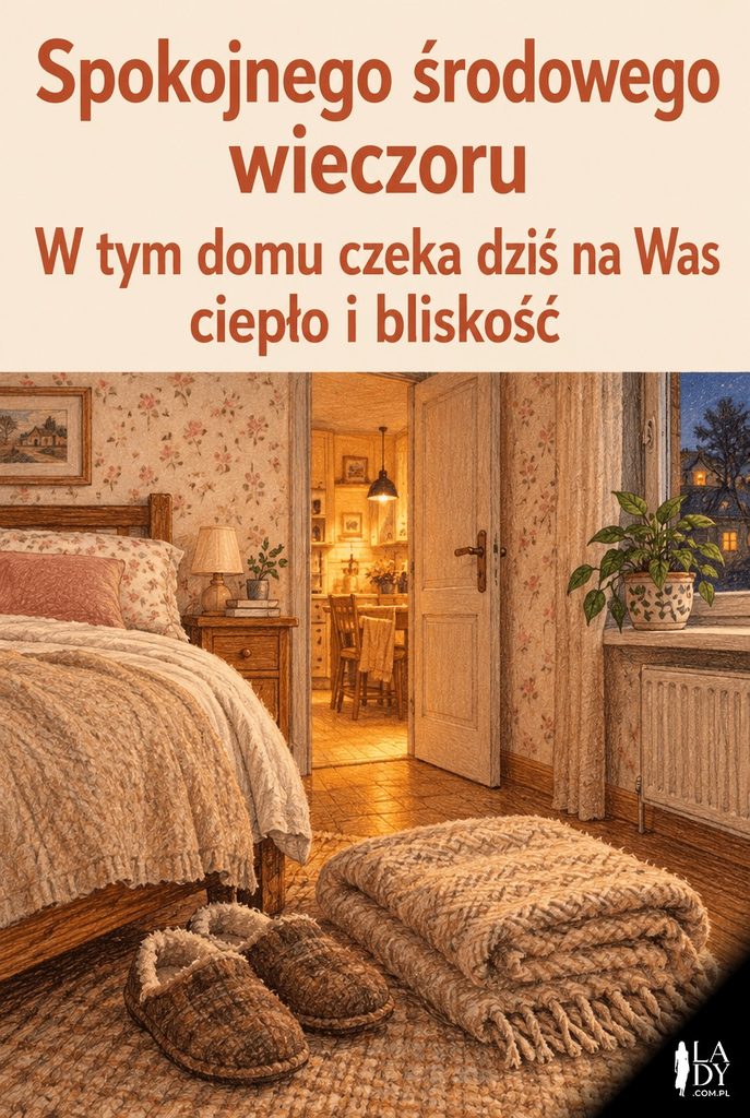 Para kapci i złożony koc u stóp łóżka w ciepło oświetlonej sypialni; na górnym pasie życzenia spokojnego środowego wieczoru dla rodziny.