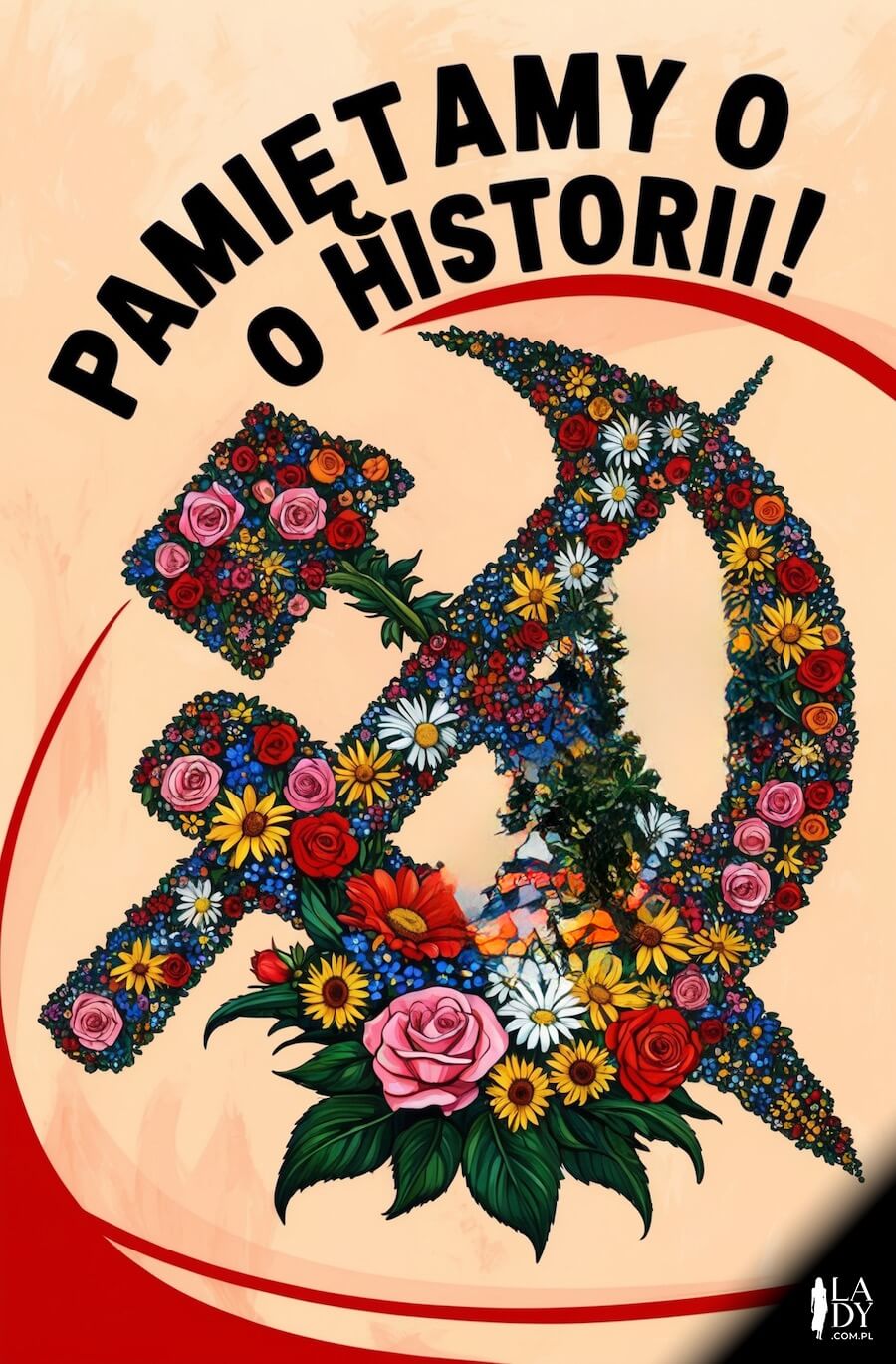 Kartka ojczysta znak historyczny, kompozycja pełna kwiatów, z okazji 1 maja, święta pracy w Polsce, z napisem: Pamiętamy o historii