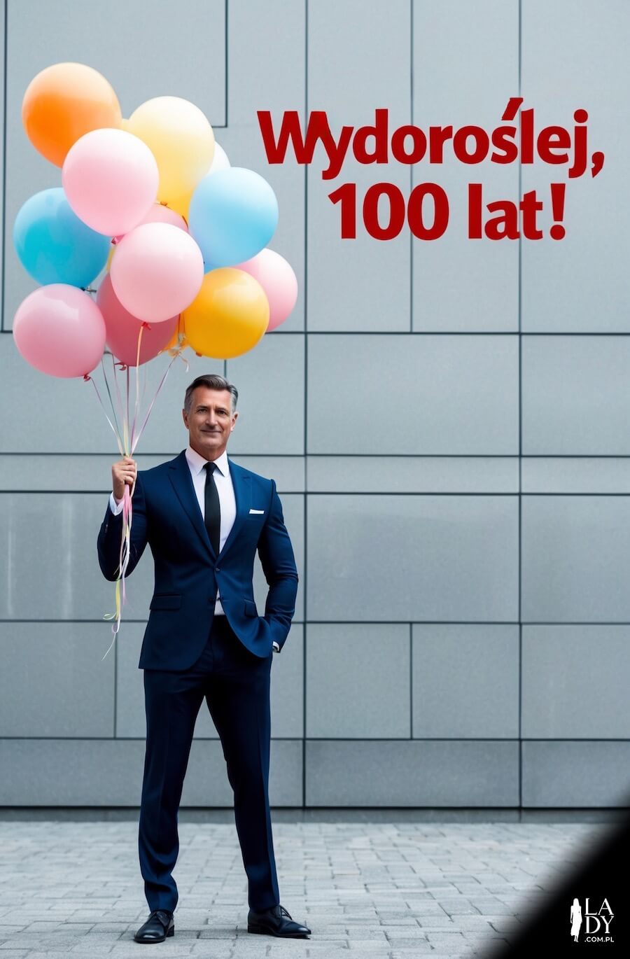 Oryginalna kartka pełna humoru, elegancki mężczyzna w garniturze trzymający balony, z życzeniami: Wydoroślej, 100 lat