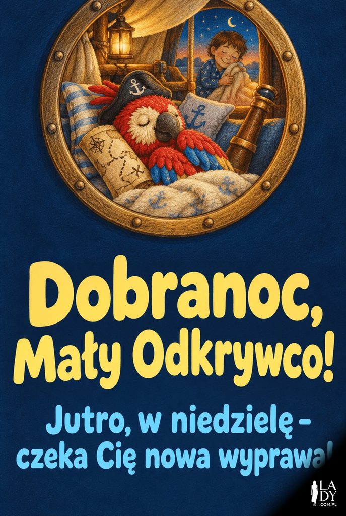 Kartka na dobranoc dla dzieci z widokiem przez bulaj na piracką fortecę z poduszek i napisem „Dobranoc, Mały Odkrywco!”.