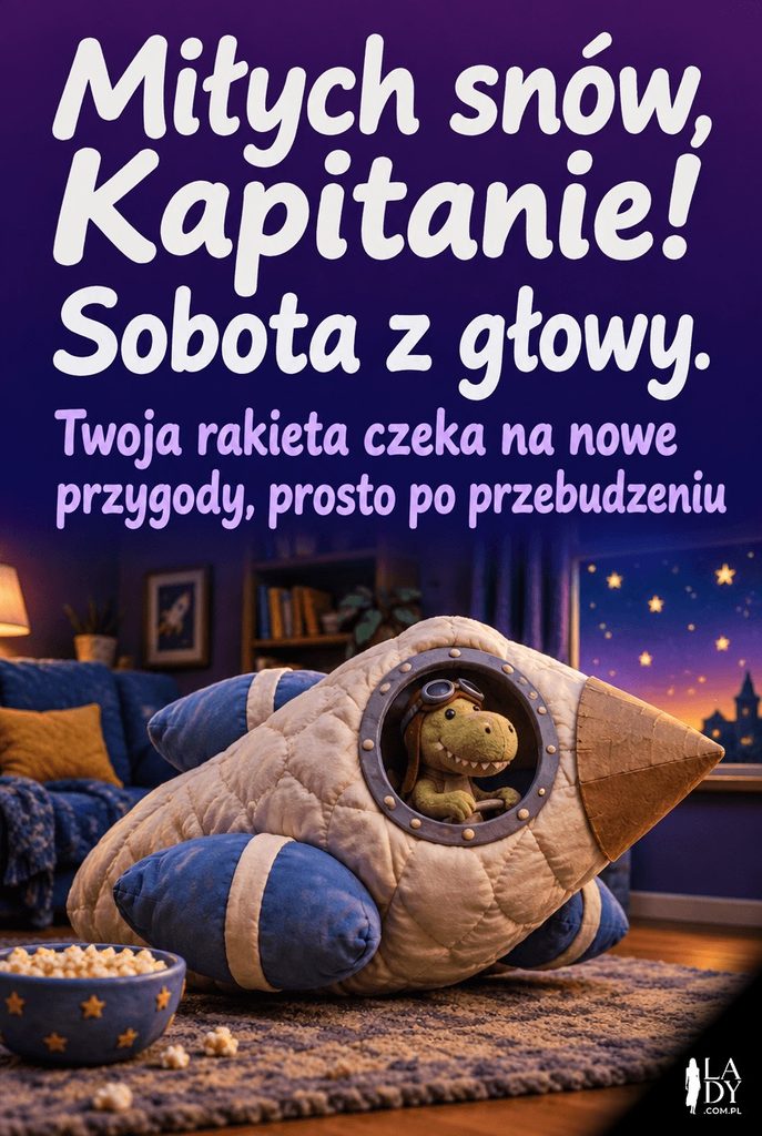 Kartka na dobranoc dla dzieci z plastelinową rakietą z poduszek i napisem „Miłych snów, Kapitanie!”.