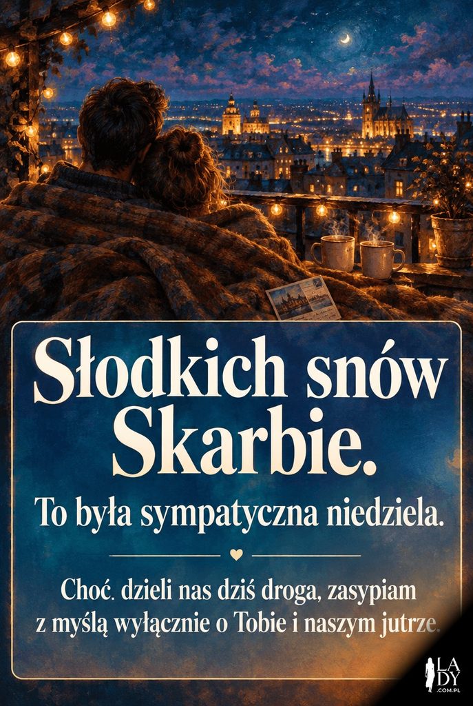 Kartka na dobranoc – para otulona kocem na balkonie nocą z widokiem na miasto, z życzeniami „Słodkich snów, Skarbie”.