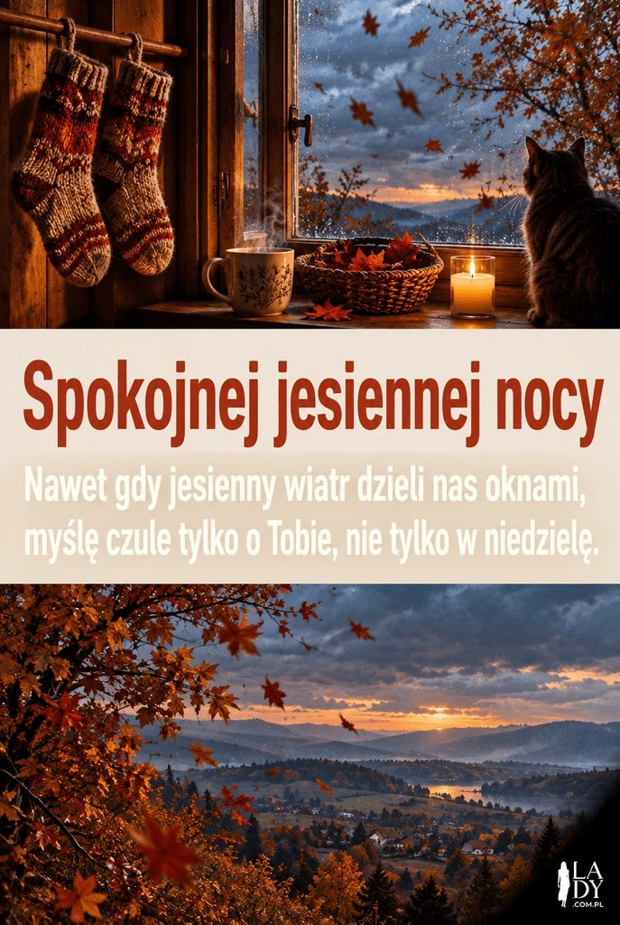 Sezonowa kartka na dobranoc – wełniane skarpety suszące się przy oknie w jesienny wieczór, z życzeniami „Spokojnej jesiennej nocy”.