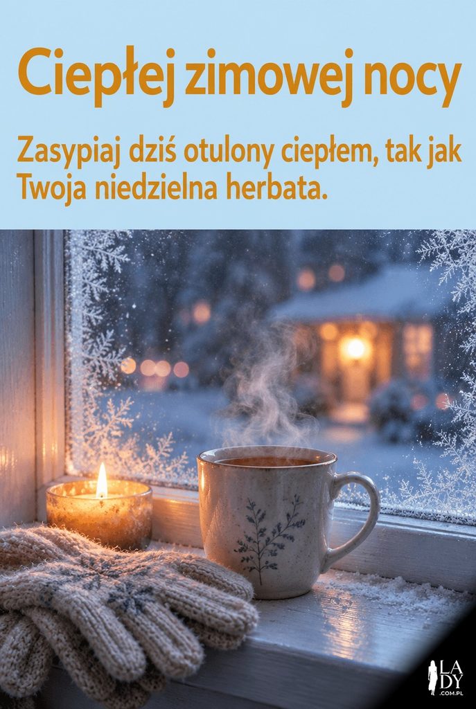 Sezonowa kartka na dobranoc – kubek herbaty na oszronionym parapecie zimową nocą, z życzeniami „Ciepłej zimowej nocy”.