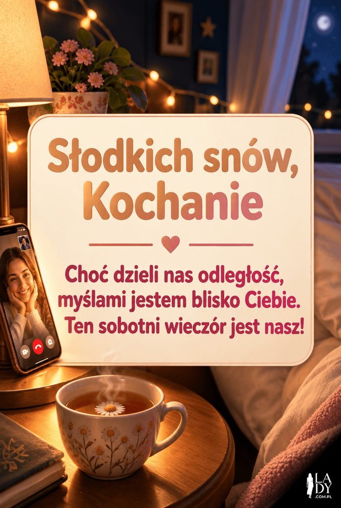 Kartka na dobranoc z podświetlonym telefonem podczas wideorozmowy, parującą herbatą i napisem „Słodkich snów, Kochanie”.