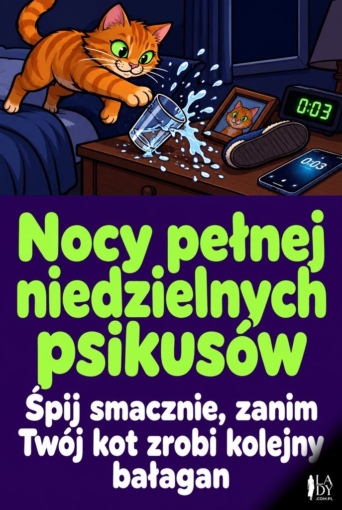 Zabawna kartka na dobranoc – rudy kot strącający szklankę wody z nocnej szafki, z hasłem „Nocy pełnej psikusów”.