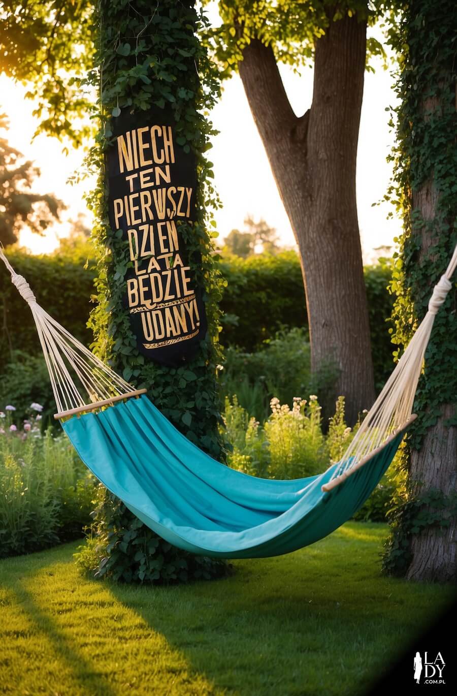 Kartka inspirująca do relaksu i odpoczynku, turkusowy hamak w sadzie, napis na drzewie: Niech ten pierwszy dzień lata będzie udany