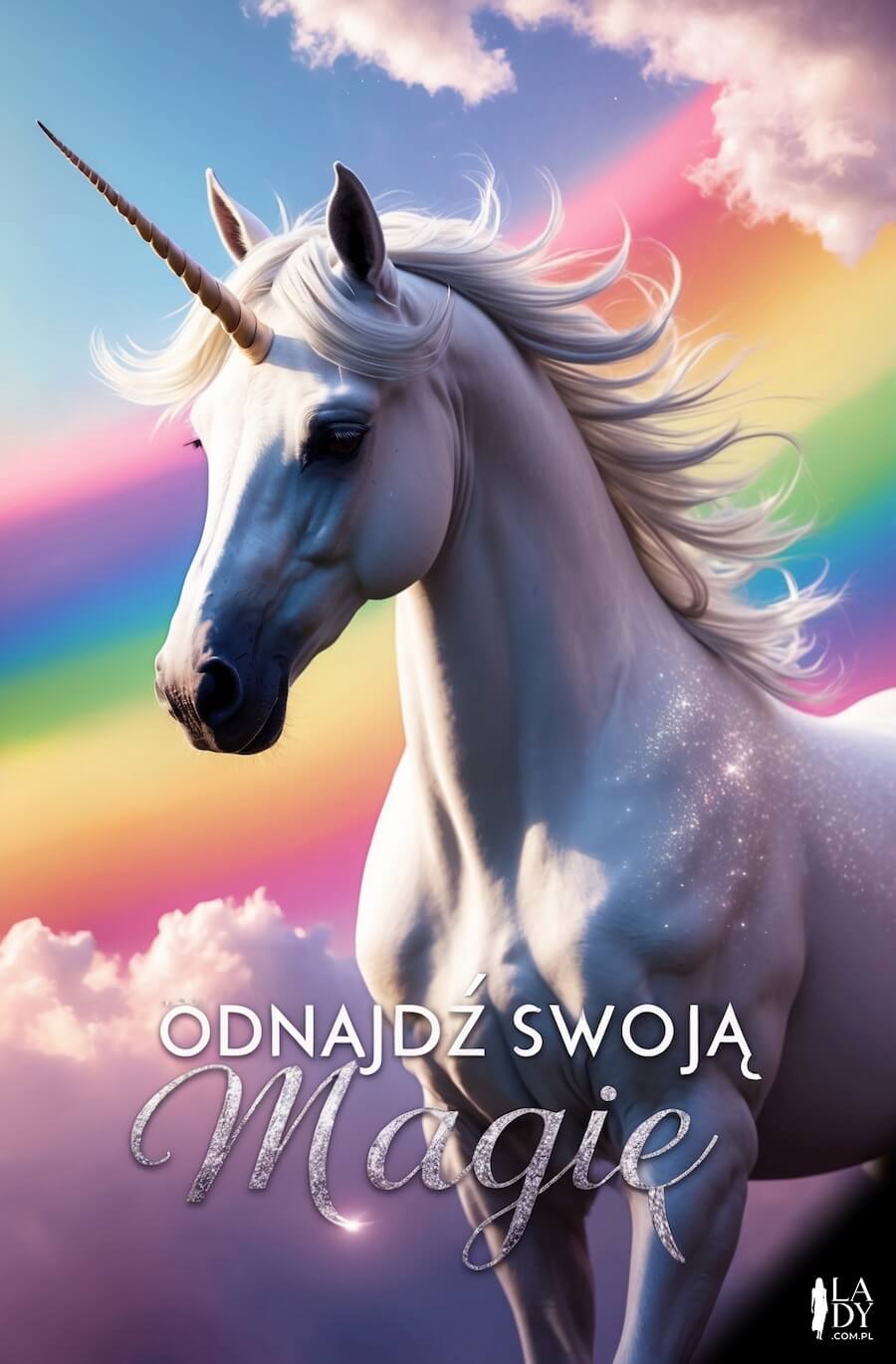 Kartka dla dorosłych, zabawny kolorowy jednorożec na tęczowym tle, z napisem: Odnajdź swoją magię