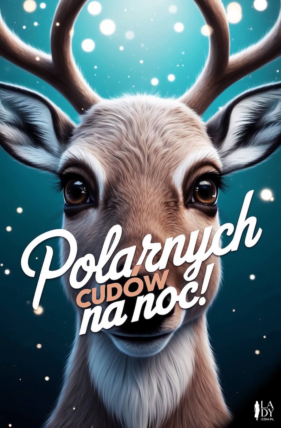 Wyjątkowa kartka z reniferem w magicznym klimacie, z pozdrowieniami: Polarnych cudów na noc