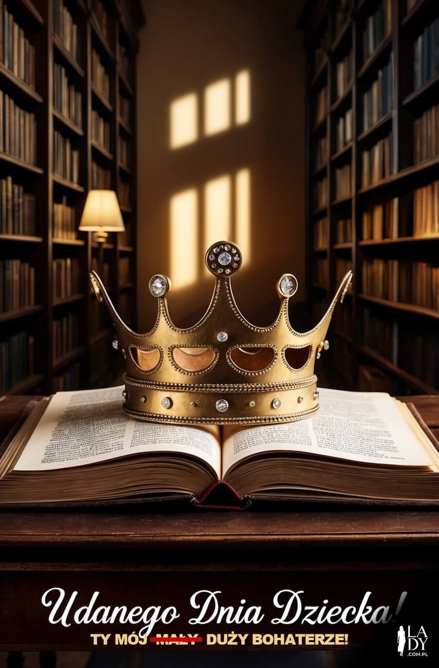 Inspirująca ilustracja do wysłania, złota korona królewska na książce w bibliotece, z napisem: Udanego Dnia Dziecka, Ty mój duży bohaterze