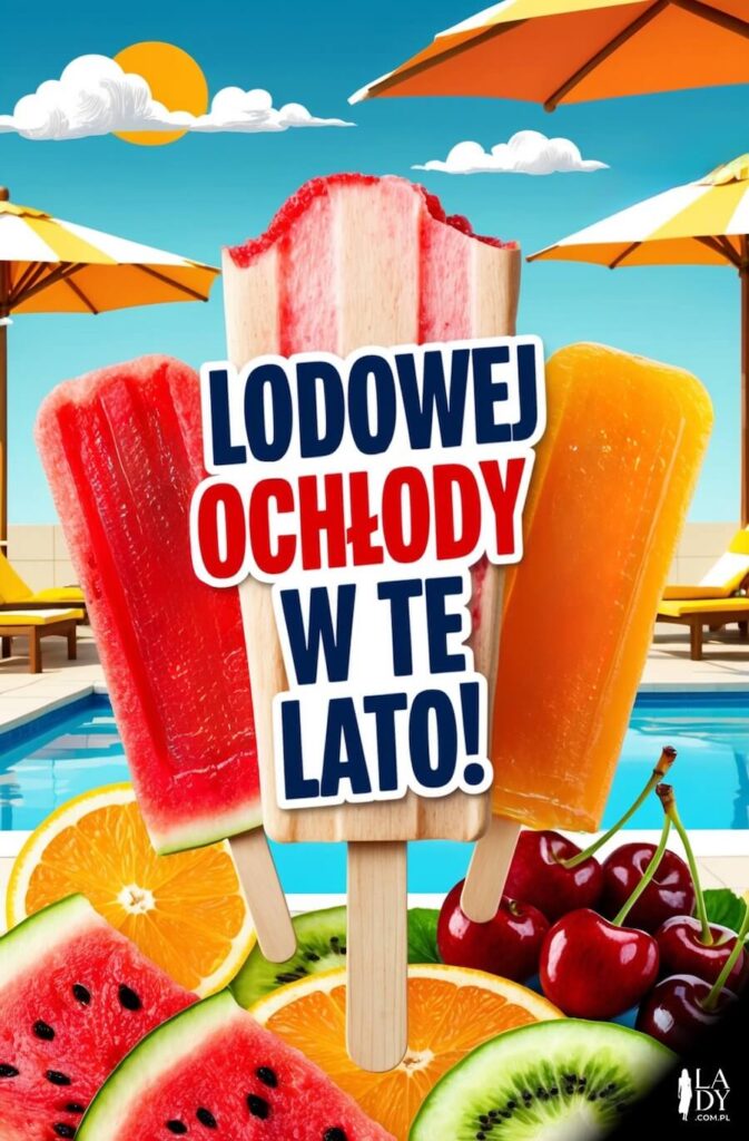Owocowa kartka na rozpoczęcie najcieplejszej pory roku, kolorowe lody i owoce przy basenie, z napisem: Lodowej ochłody w te lato