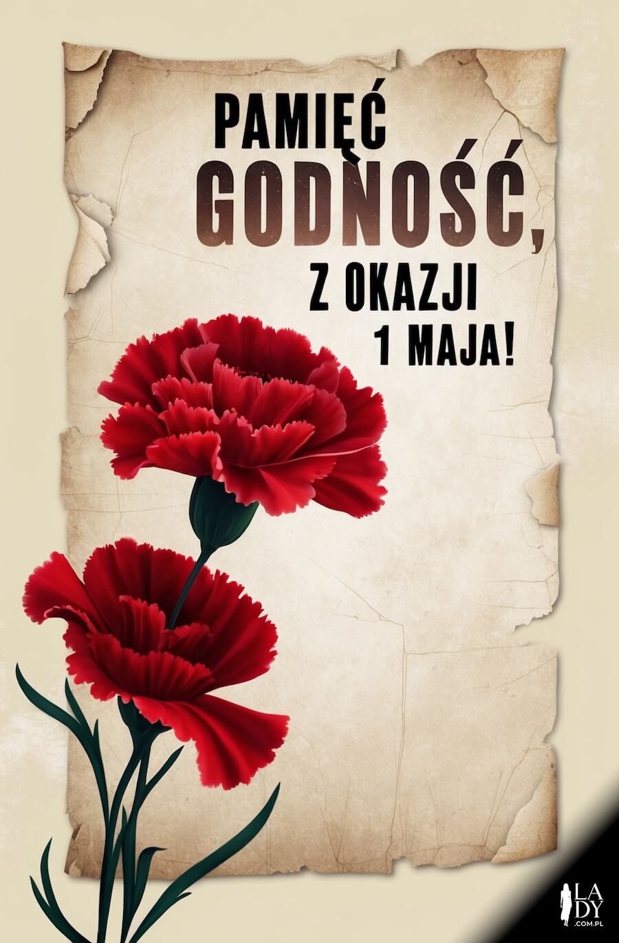 Ilustracja do wysłania w dzień Święta Pracy, czerwone maki i stara kartka, z napisem: Pamięć, godność, z okazji 1 maja