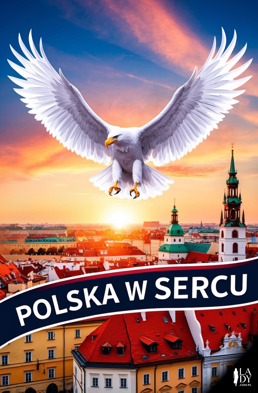 Biały orzeł latający nad miastem, z napisem: Polska w sercu