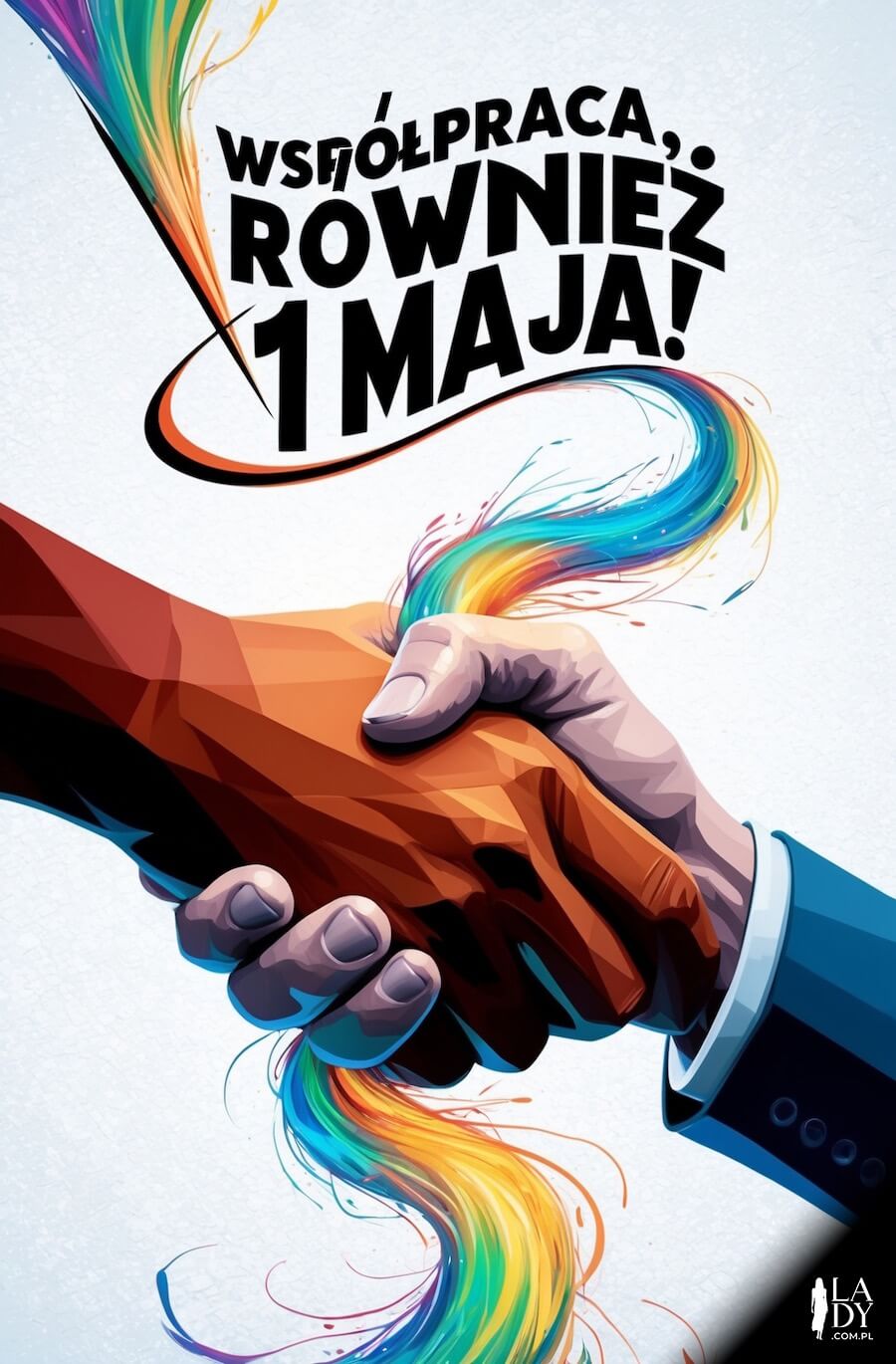Oryginalna kartka do wysłania bliskim i znajomym, uściśnięte męskie dłonie, z napisem: Współpraca, również 1 maja