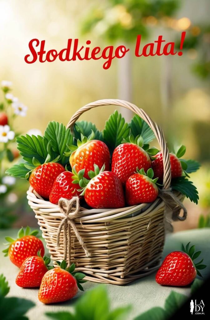 Kartka pełna pysznych owoców do wysłania znajomym i rodzinie, koszyk z truskawkami, z napisem: Słodkiego lata