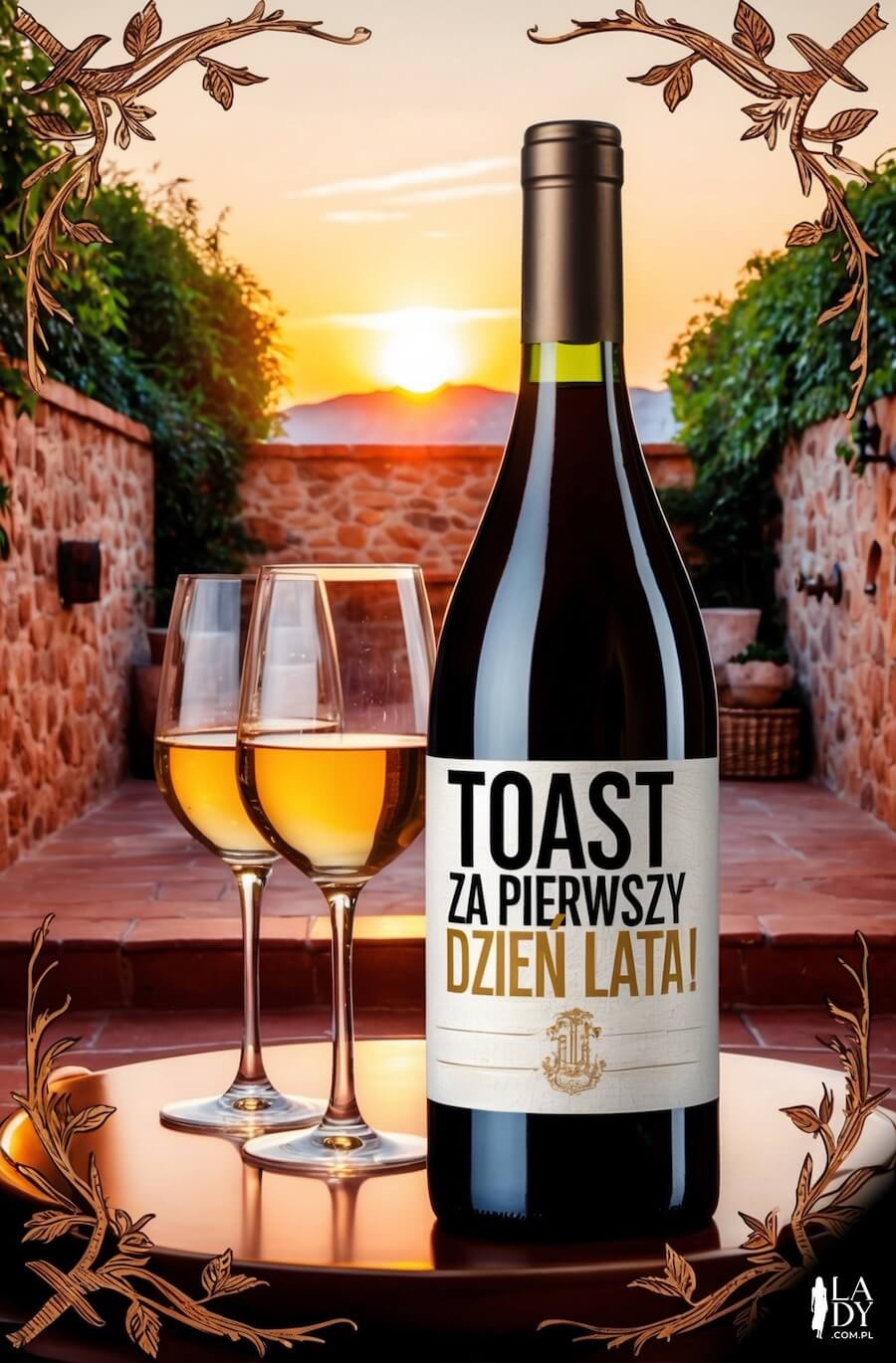 Oryginalny obrazek z przekazem, butelka wina i kieliszki o zachodzie słońca, z serdecznymi życzeniami: Toast za pierwszy dzień lata