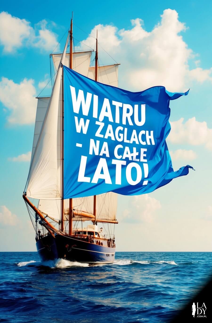 Kartka w letnim klimacie do wysłania bliskim, statek z masztem i żaglem na wodach, z pozdrowieniami: Wiatru w żaglach a całe lato