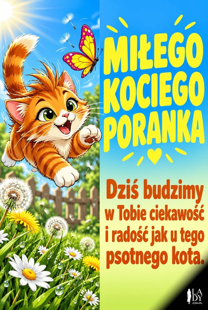 Wiosenna kartka na dzień dobry z rudym kotem goniącym motyla na kwietnej łące