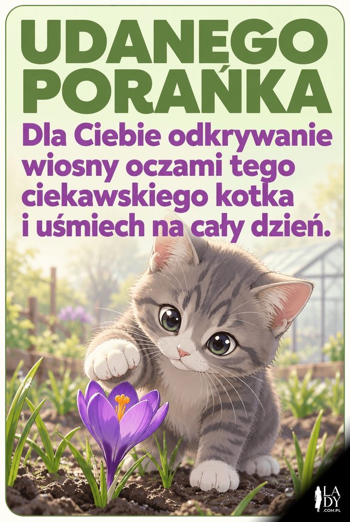 Kartka na dzień dobry z ciekawskim kotkiem odkrywającym pierwszy krokus wiosny