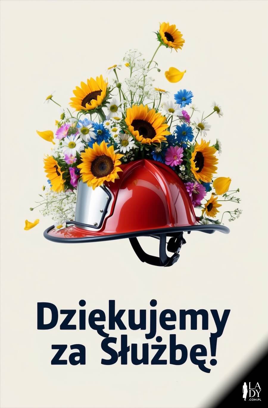 Kartka na Dzień Strażaka, hełm strażacki i kwiaty, z pozdrowieniami na 4 maja: Dziękujemy za służbę