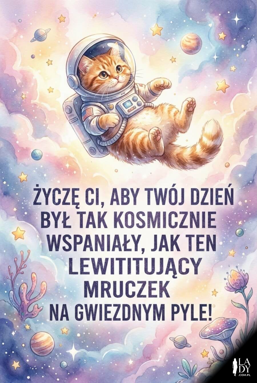 Rudy kot w skafandrze astronauty lewitujący na tle pastelowych mgławic z życzeniami z gwiezdnego pyłu