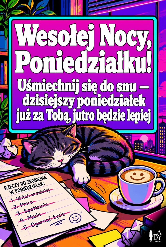 Żartobliwa kartka na koniec poniedziałku z kotem robiącym bałagan na biurku wśród rozsypanych karteczek.