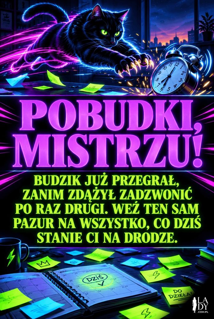 Neonowa ilustracja czarnego kota skaczącego na budzik, z życzeniami Pobudki Mistrzu.
