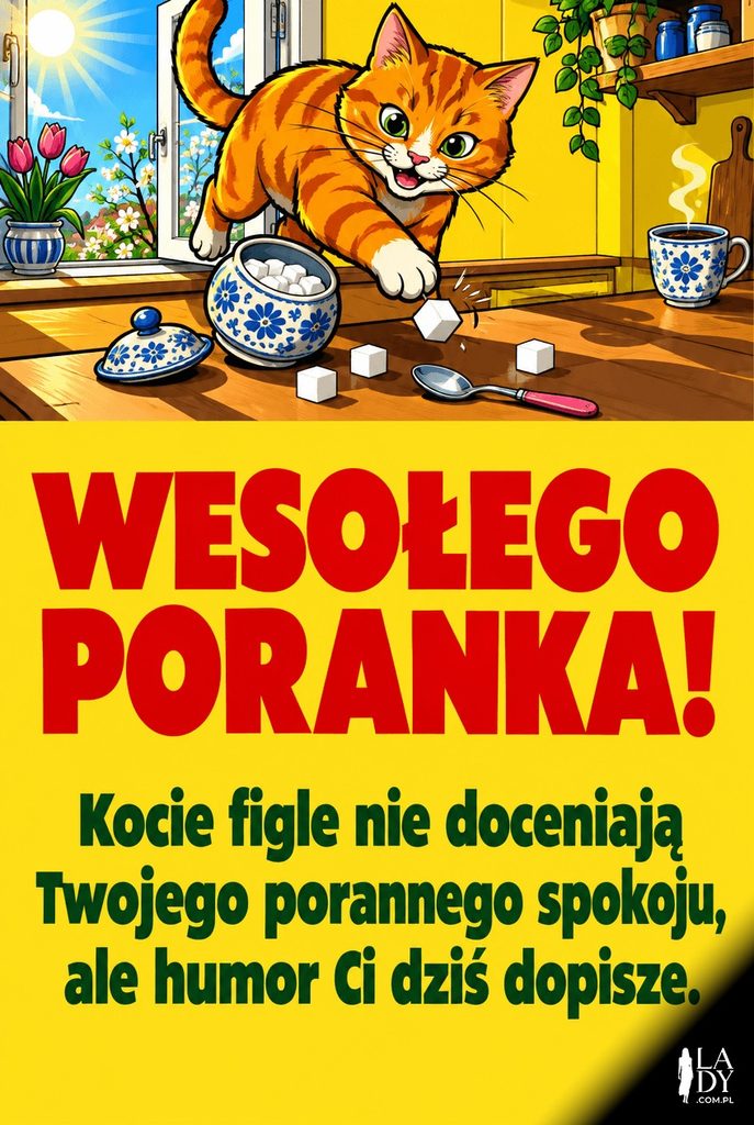 Kolorowa ilustracja pop-art rudego kota strącającego kostkę cukru na kuchennym blacie, z życzeniami Wesołego poranka.