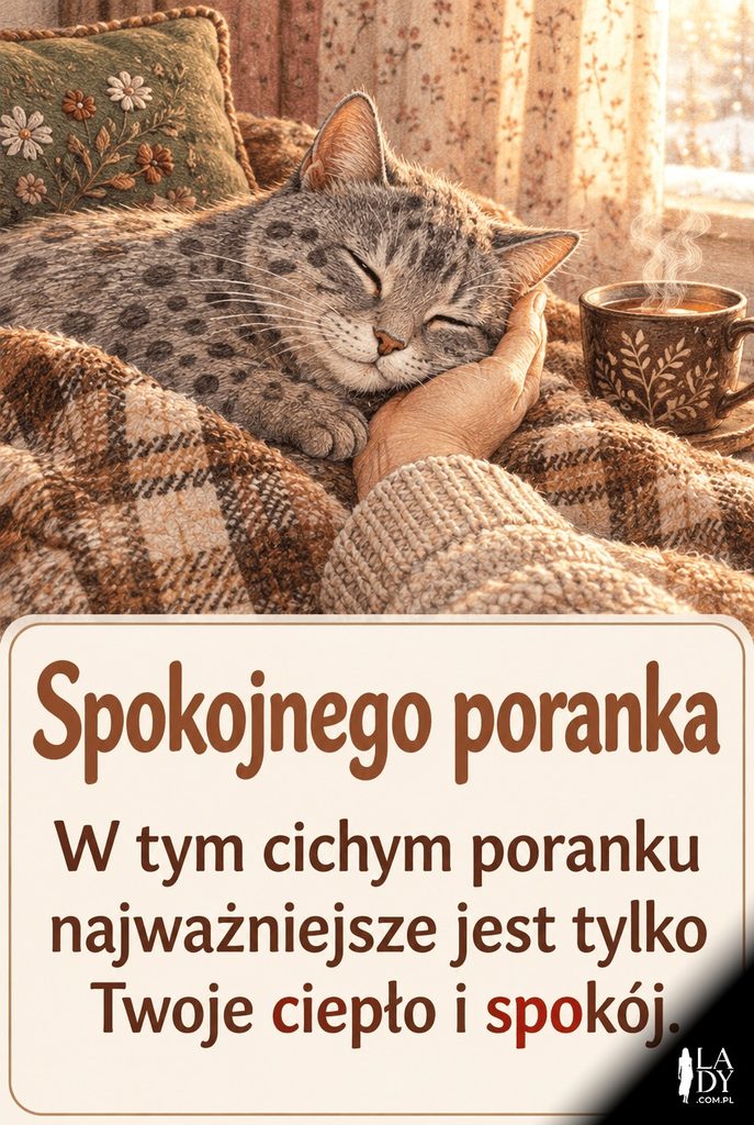 Rysunkowy szary kot wtulający głowę w dłoń na wzorzystym kocu, z życzeniami Spokojnego poranka.