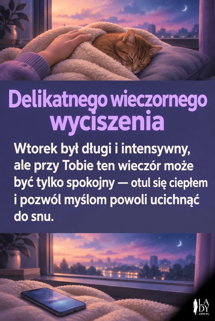 Spokojna ilustracja kota otulonego kocem przy oknie o zmierzchu, z dłuższym, wyciszającym życzeniem na koniec wtorku.