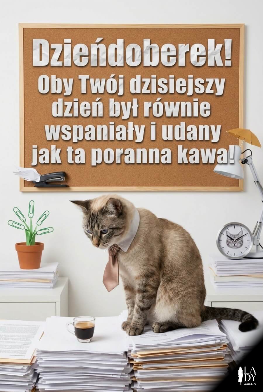 Elegancki kot w krawacie siedzący na dokumentach przed filiżanką espresso z życzeniami na tablicy korkowej