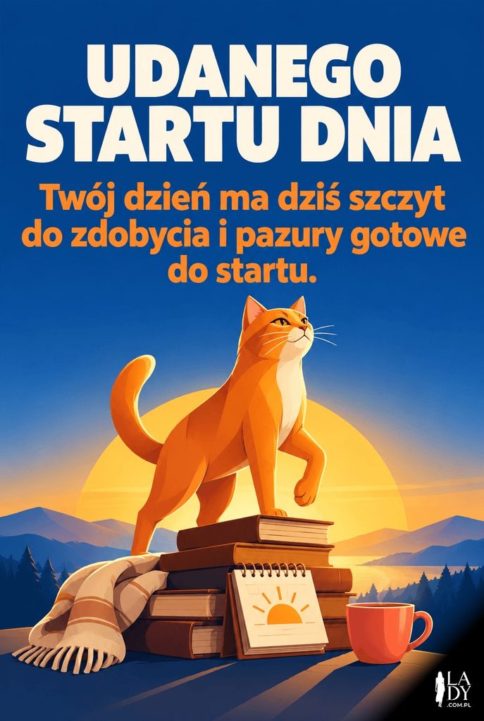 Kot stojący triumfalnie na stosie książek na tle wschodzącego słońca, z życzeniami Udanego startu dnia.