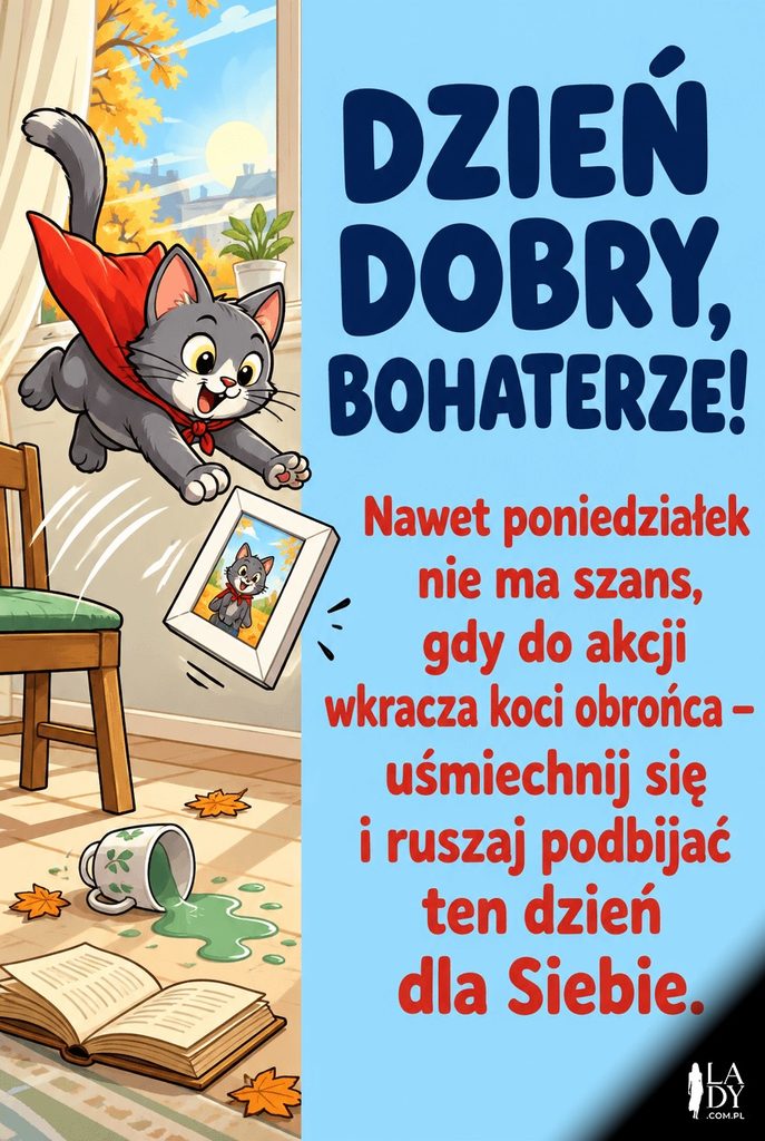 Rysunkowy kot w pelerynie z serwetki skaczący, by uratować spadającą ramkę, z życzeniami Dzień dobry Bohaterze.
