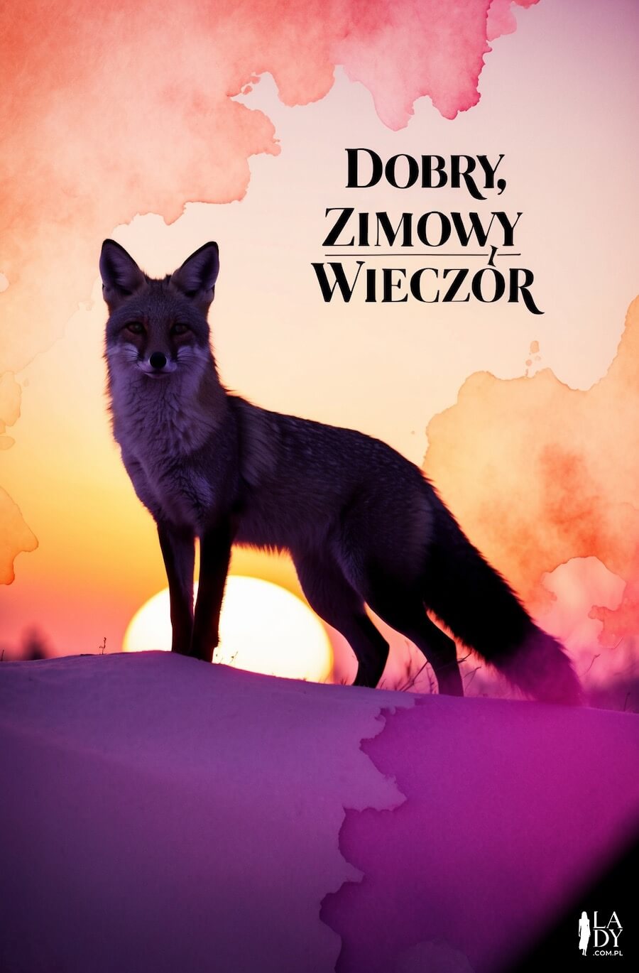 Pastelowa kartka, list stojący na tle zachodzącego słońca zimą, z napisem: Dobry, zimowy wieczór