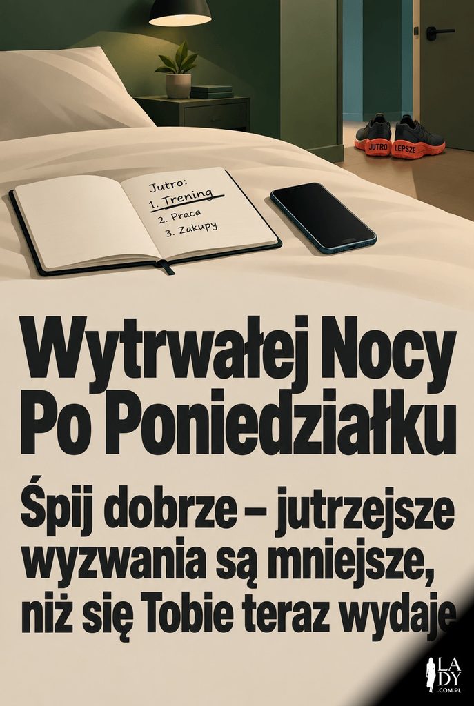 Kartka z życzeniami wytrwałości na noc po poniedziałku, z listą zadań na jutro i przygotowanymi butami sportowymi.