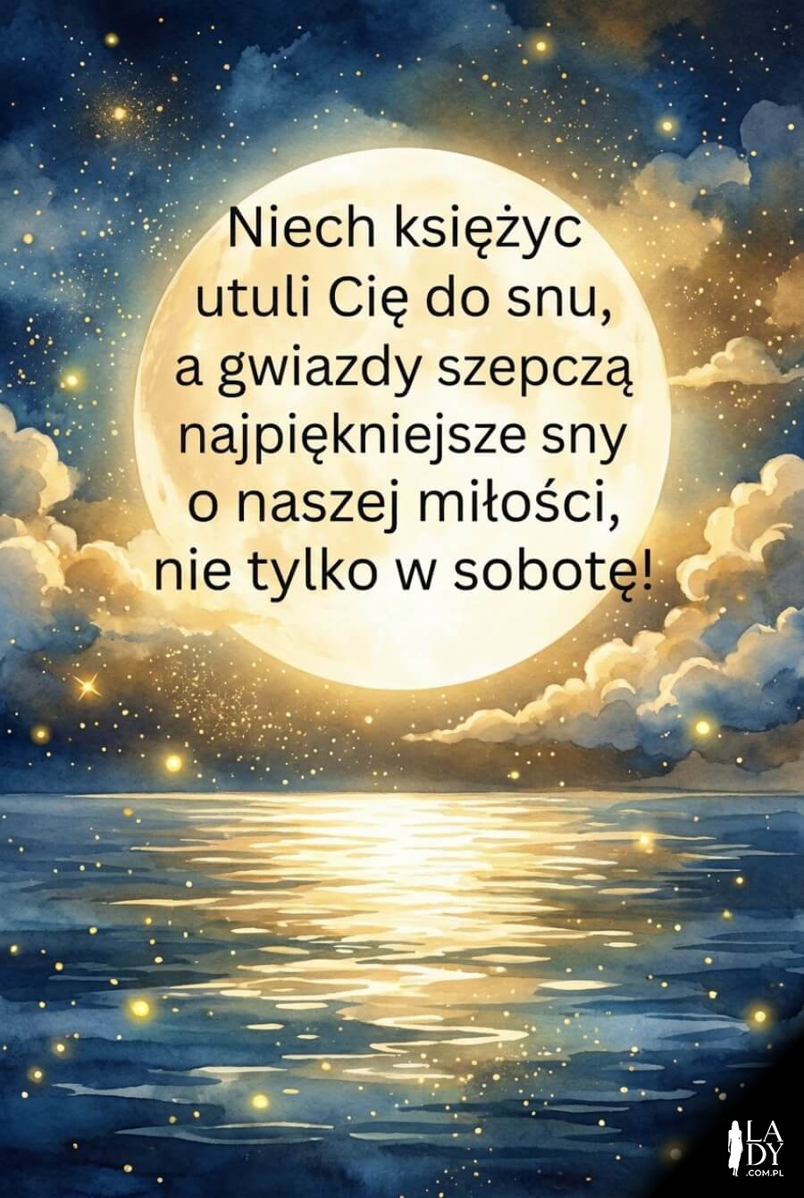 Romantyczna kartka na dobranoc przedstawiająca ogromny, świecący księżyc nad jeziorem ze złotym gwiezdnym pyłem oraz miłosnymi życzeniami
