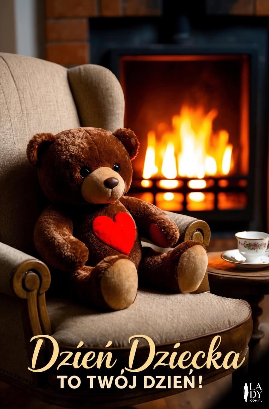 Słodki obrazek, pluszowy miś siedzący wygodnie w fotelu przy kominku z herbatką, z przekazem: Dzień Dziecka to Twój dzień
